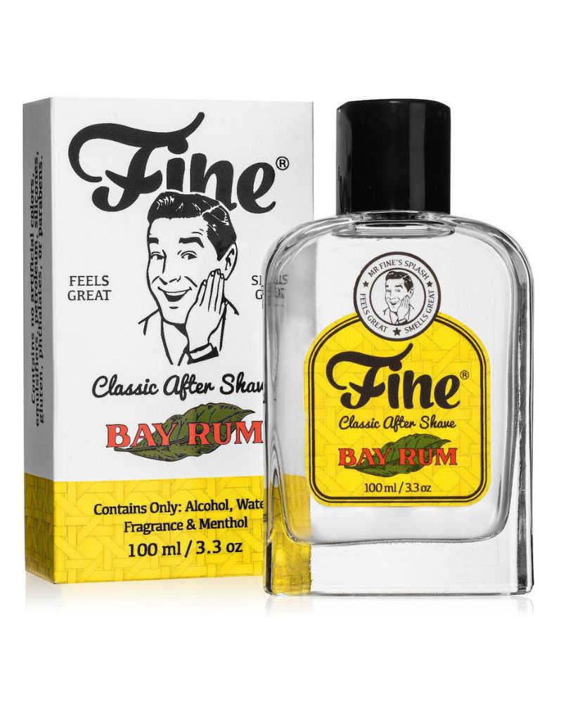 Fine Bay Rum Aftershave in 100ml glass bottle with spicy bay leaf scent and vintage design for a refreshing post-shave feel