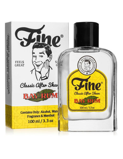 Fine Bay Rum Aftershave in 100ml glass bottle with spicy bay leaf scent and vintage design for a refreshing post-shave feel