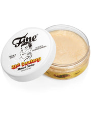 Fine Accoutrements Bay Rum shaving soap in jar and lid open