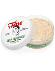 Opened Fine Accoutrements Clubhouse shaving soap tub with lid set aside, 150ml