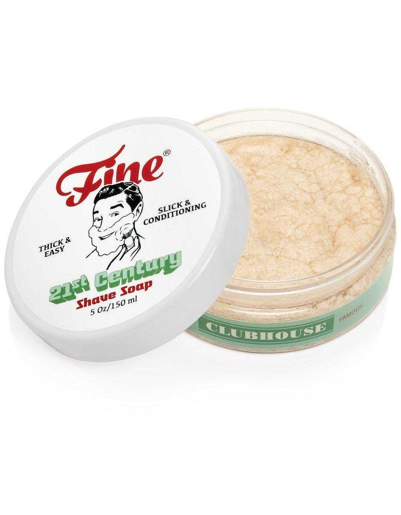 Opened Fine Accoutrements Clubhouse shaving soap tub with lid set aside, 150ml