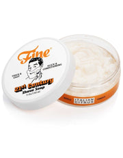 Fine Accoutrements Italian Citrus shaving soap in an open 150ml tub with orange label band