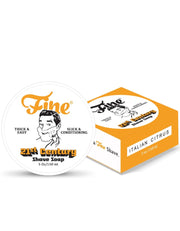 Fine Italian Citrus 21st Century shave soap lid next to an orange and white 5 oz box