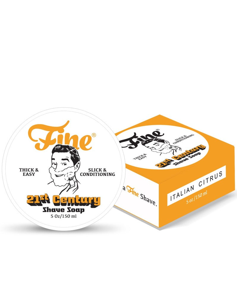 Fine Italian Citrus 21st Century shave soap lid next to an orange and white 5 oz box