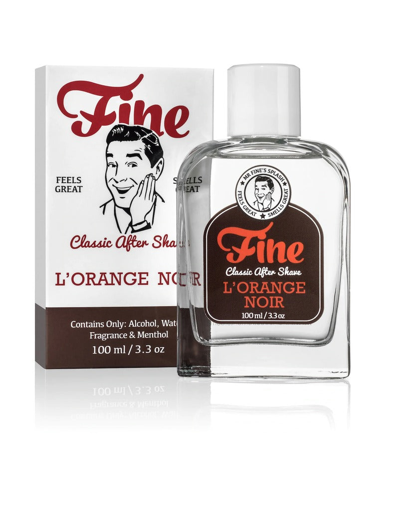 Fine L'Orange Noir Classic After Shave 100ml bottle with brown and orange label in front of its retail box