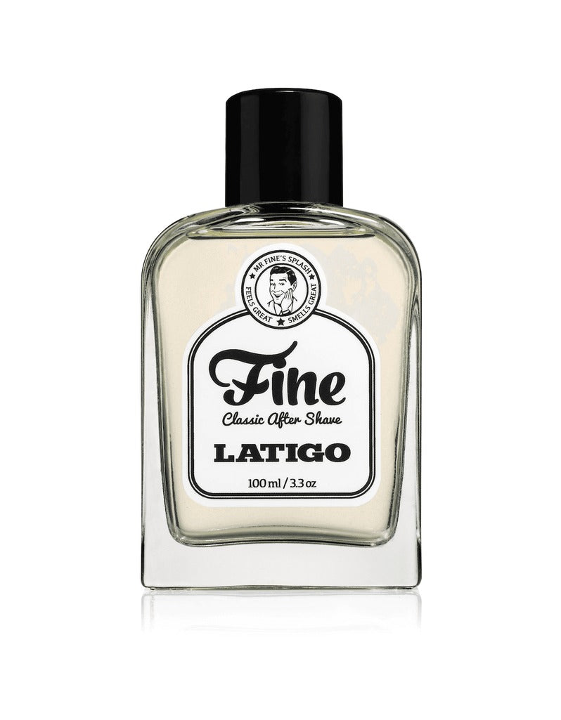 Fine Latigo Classic After Shave in a 100ml square glass bottle with black cap and white Mr. Fine label