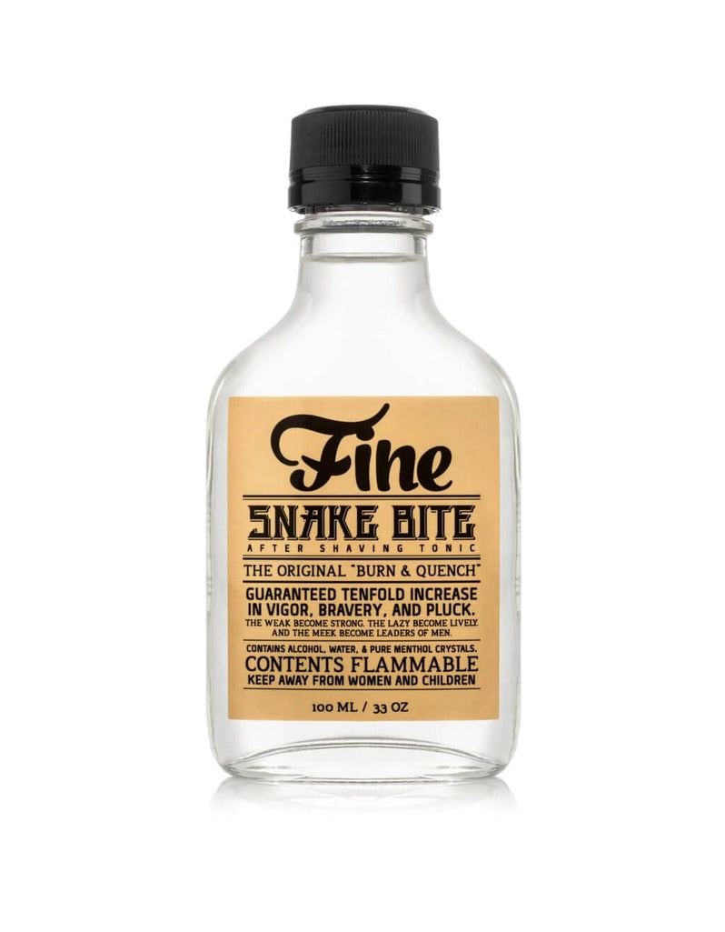Fine Snake Bite menthol after shaving tonic in a clear 100ml flask bottle with a tan vintage label