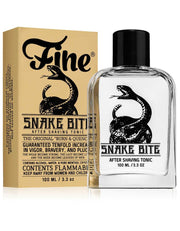 Fine Accoutrements Snake Bite after shaving tonic 100ml bottle beside its tan retail box with coiled snake artwork
