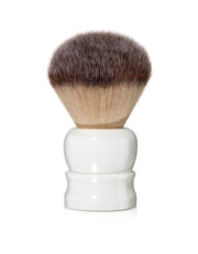 Fine Accoutrements Stout synthetic shaving brush with white handle and two tone fiber knot