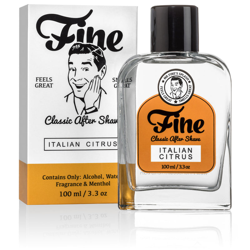 Fine Italian Citrus Aftershave in glass bottle with essential oil scent and soothing post-shave feel