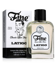 Fine Latigo classic after shave bottle and packaging on a white background