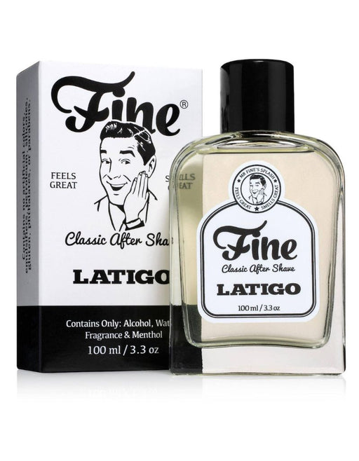 Fine Latigo classic after shave bottle and packaging on a white background