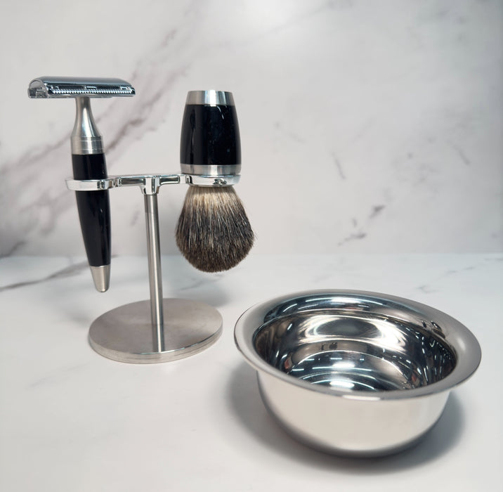 Luxury Wet Shaving Kit - Stainless Steel and Black Resin