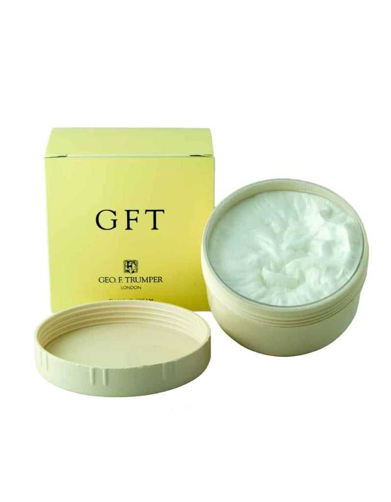 A large 200g screw thread bowl of Geo. F. Trumper's GFT Soft shaving cream