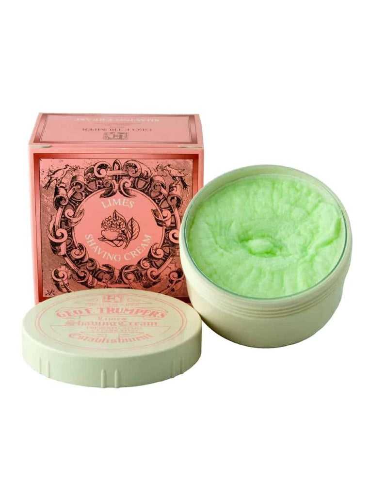 A bowl of limes shaving cream with a Geo. F. Trumper's packaging box in the background.