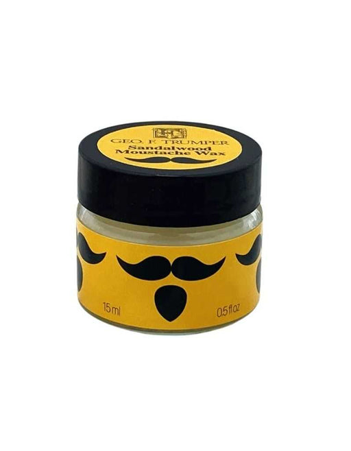 Geo F. Trumper Sandalwood Moustache Wax 15g jar with black lid and yellow label