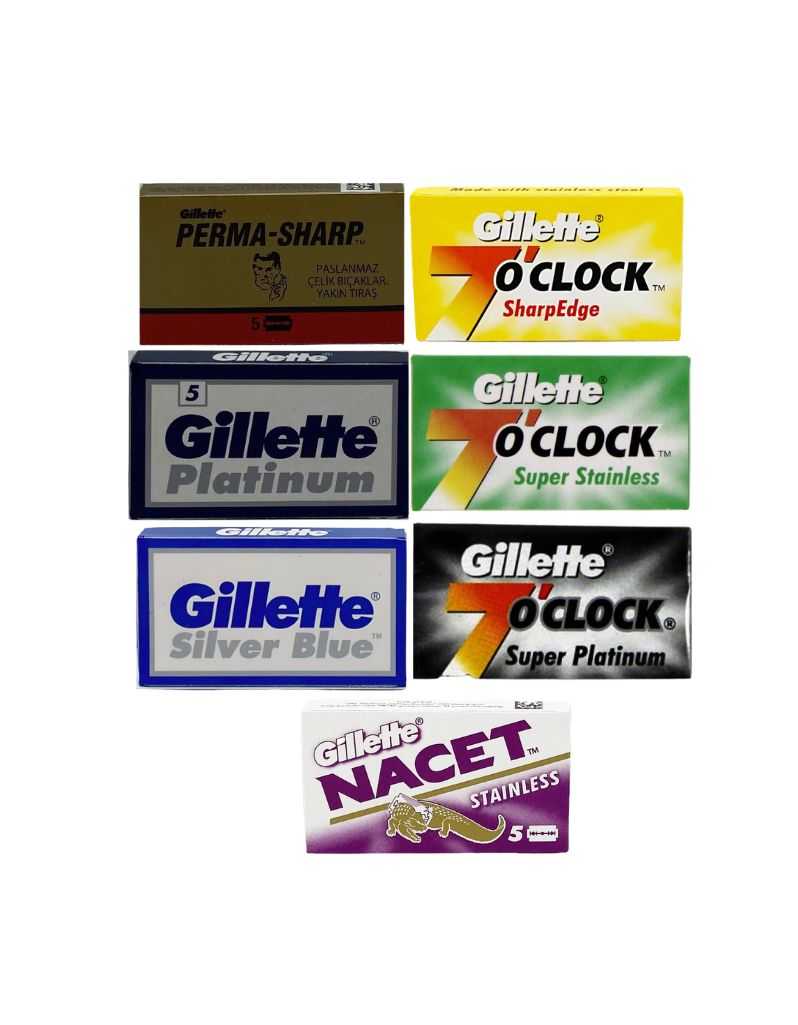 Gillette Double Edge Razor Blade Sampler – 7 O'Clock, Nacet, Silver Blue, Platinum, Perma-Sharp varieties, 5 blades each