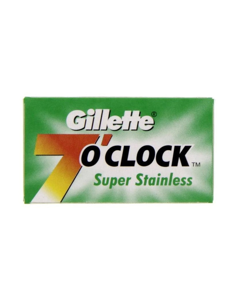 Gillette 7 O'Clock Super Stainless razor blade packaging on a white background