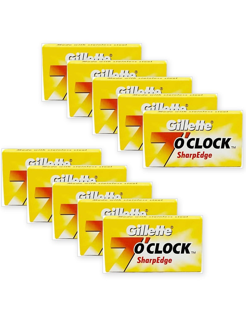Ten Gillette 7 O'Clock SharpEdge double edge razor blade packs, 50 blades total