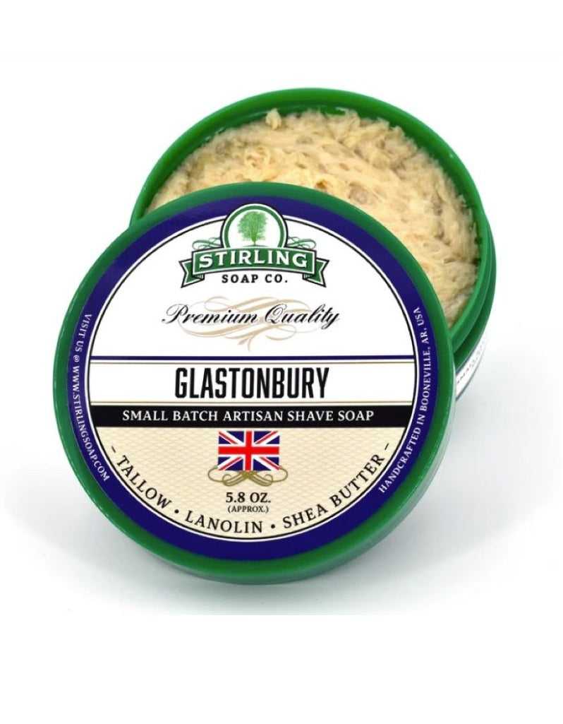glastonbury shave soap by stirling with patchouli vetiver and lavender in mutton tallow base for earthy and skin nourishing shave