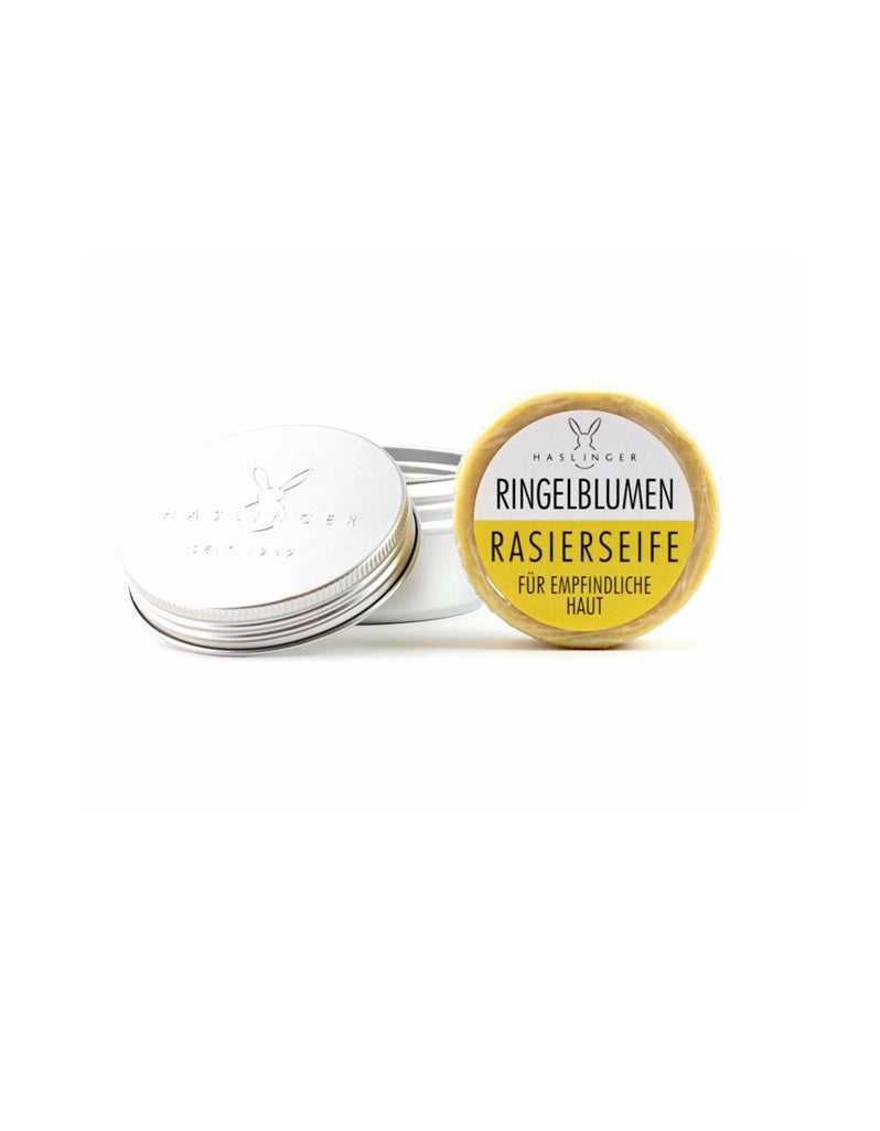 Haslinger Calendula Shaving Soap in an aluminium tin