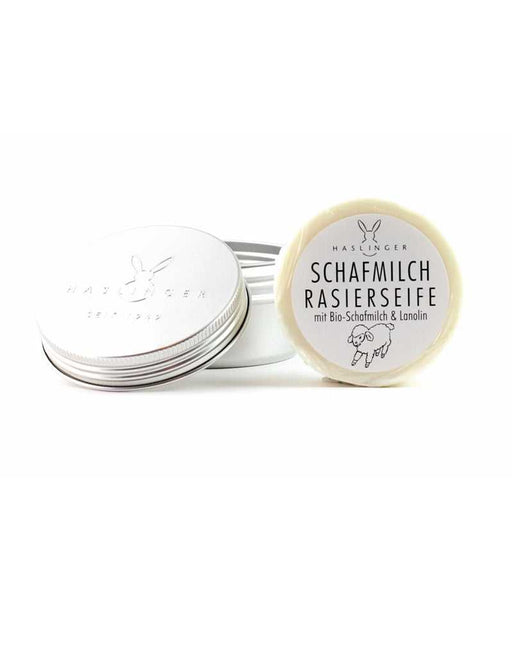 Haslinger Sheep’s Milk Shaving Soap in aluminum tin, rich lather with lanolin for sensitive skin, made in Austria