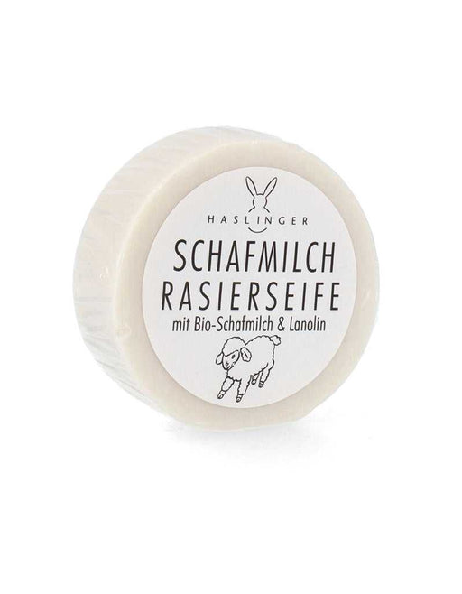 Haslinger Sheep’s Milk Shaving Soap in 60g round puck, ideal for sensitive skin with natural lanolin and creamy lather