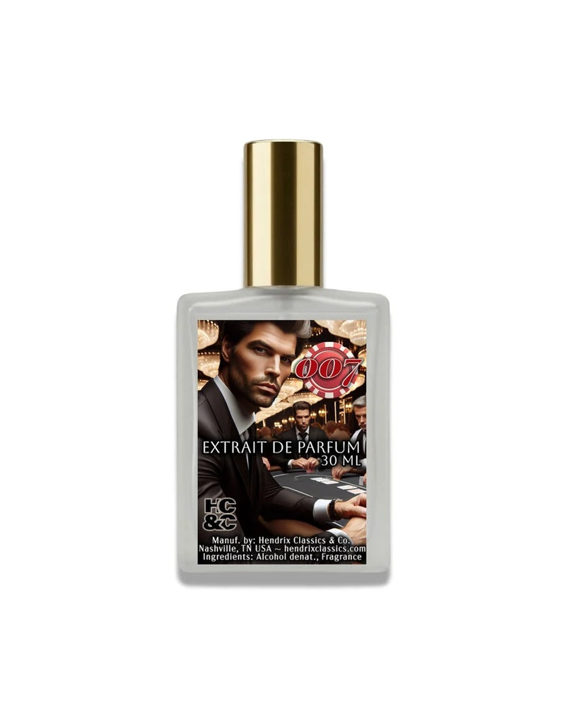 Hendrix Classics & Co. 007 Extrait de Parfum 30 ml spray bottle with casino poker label and red 007 chip