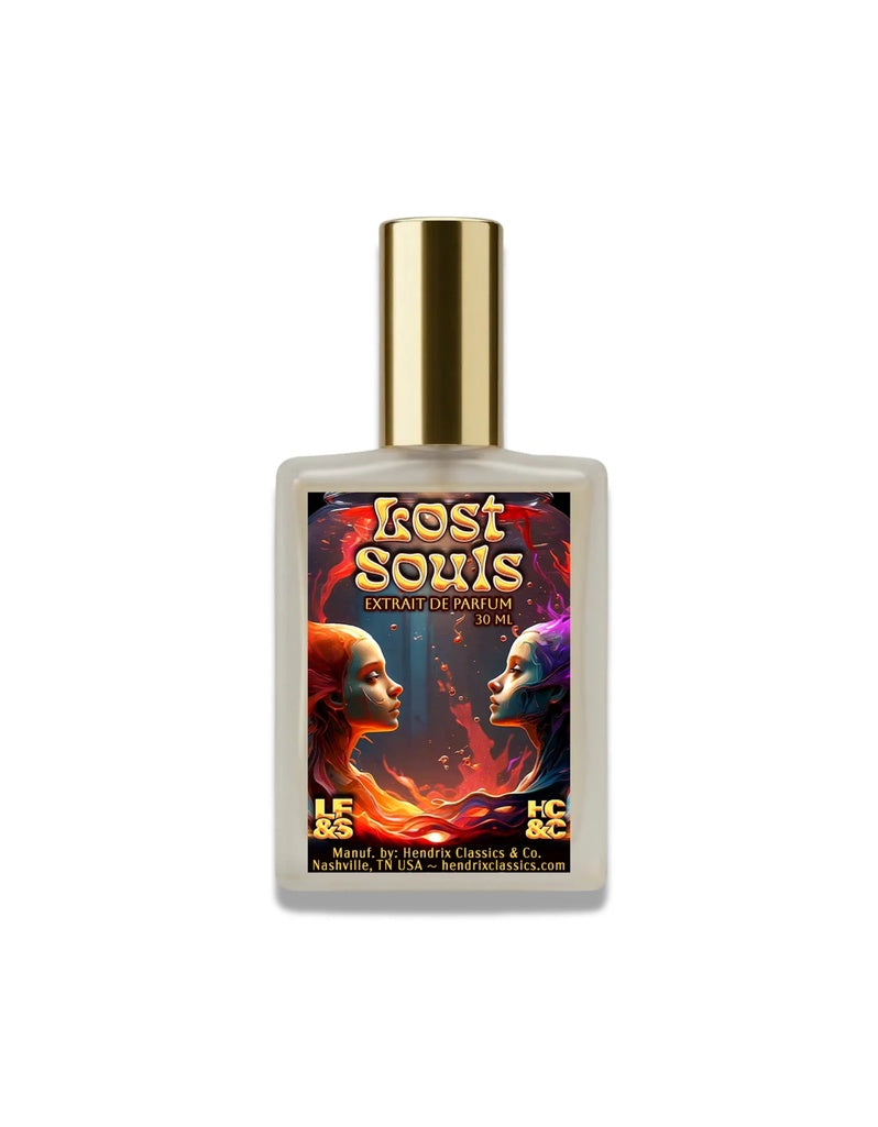 Hendrix Classics & Co. Lost Souls Extrait de Parfum 30 ml bottle with two faces in red and purple flames
