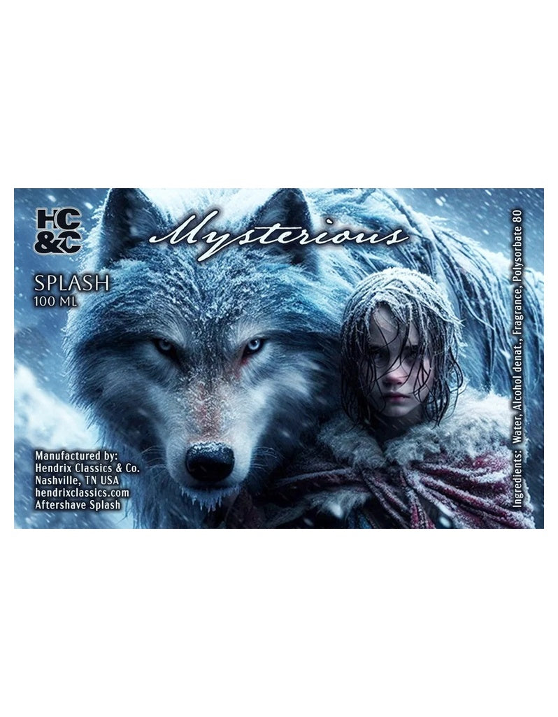 Hendrix Classics & Co. Mysterious Aftershave Splash label with a snow-covered wolf and child in a blizzard