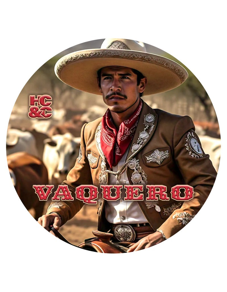 Hendrix Classics & Co. Vaquero Shave Soap label showing a charro in a sombrero and embroidered jacket with cattle