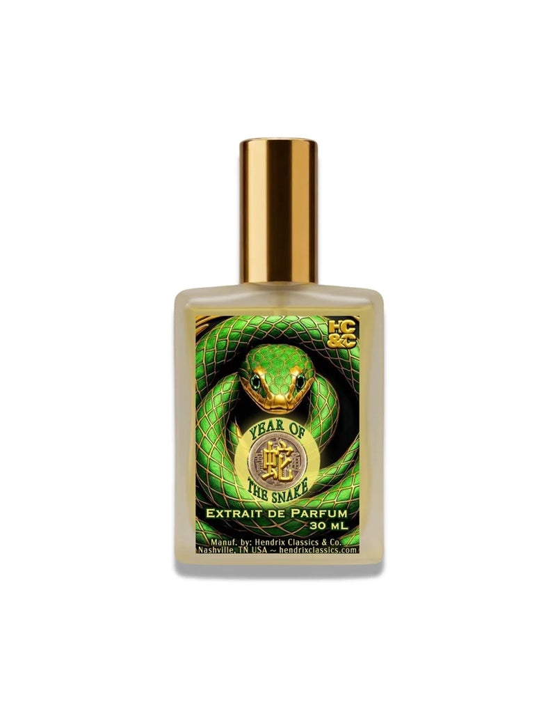 Hendrix Classics & Co. Year of The Snake Extrait de Parfum 30 ml bottle with a coiled green and gold snake label
