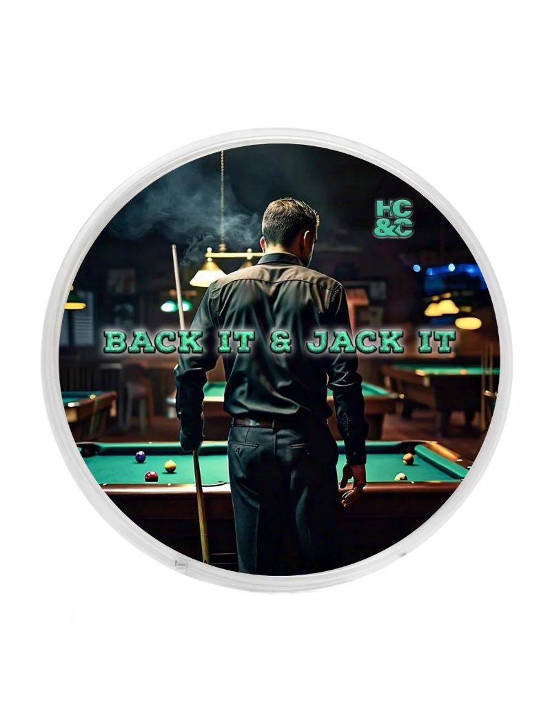 Hendrix Classics & Co. Back It & Jack It Shave Soap lid showing a man holding a pool cue in a smoky billiards hall