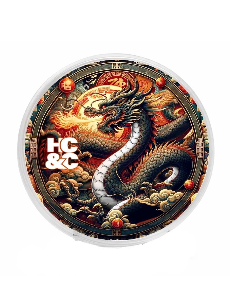 Hendrix Classics & Co. Year of The Dragon Shave Soap lid with a fire-breathing Chinese dragon among clouds and lanterns