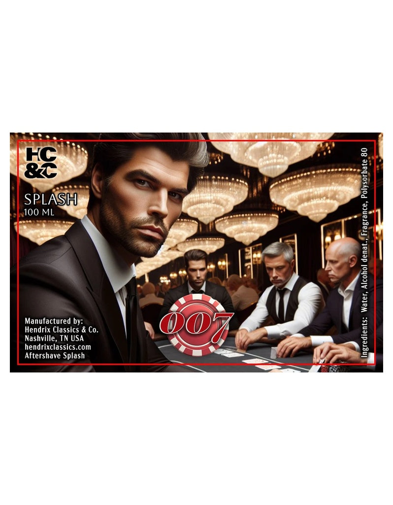 Hendrix Classics & Co. 007 Aftershave Splash label with a man in a suit at a casino poker table and red 007 chip