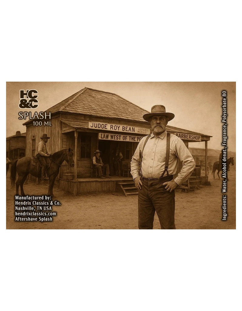 Hendrix Classics & Co. Judge Roy Aftershave Splash label with an Old West man outside the Judge Roy Bean saloon