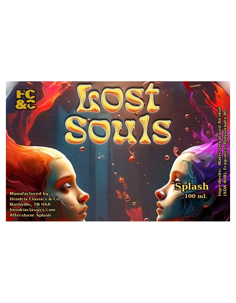 Hendrix Classics & Co. Lost Souls Aftershave Splash label with two faces facing each other in swirling red and purple flames