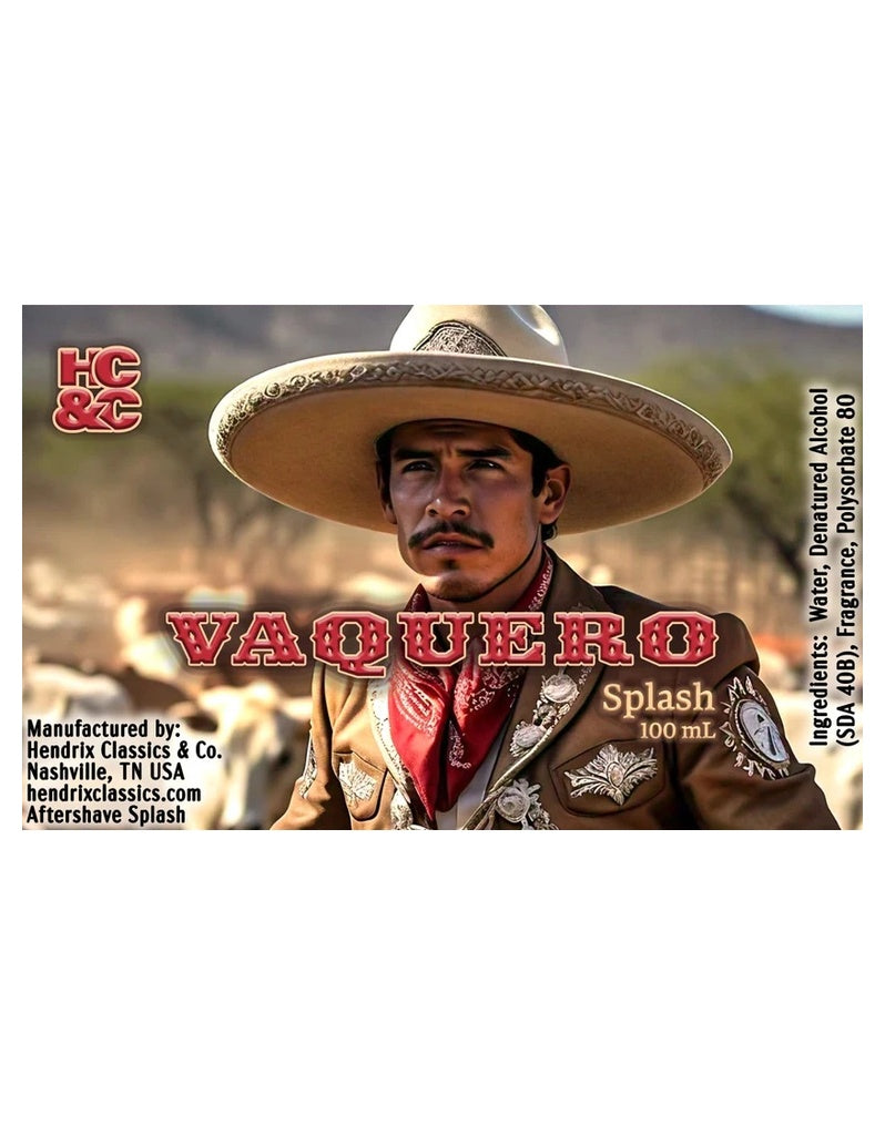 Hendrix Classics & Co. Vaquero Aftershave Splash label with a charro in a sombrero and red bandana before cattle