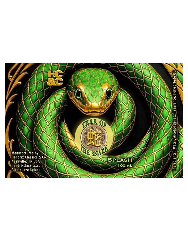 Hendrix Classics & Co. Year of The Snake Aftershave Splash label with a coiled green and gold snake and coin