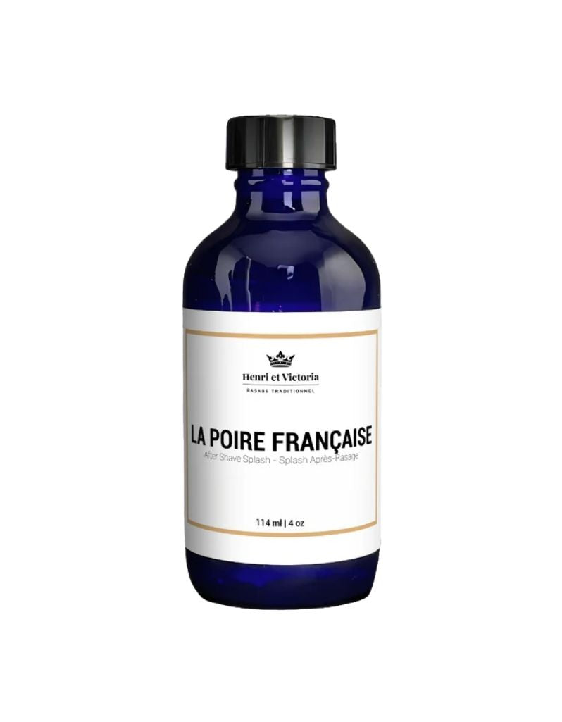 Blue bottle labeled 'La Poire Française' on a white background