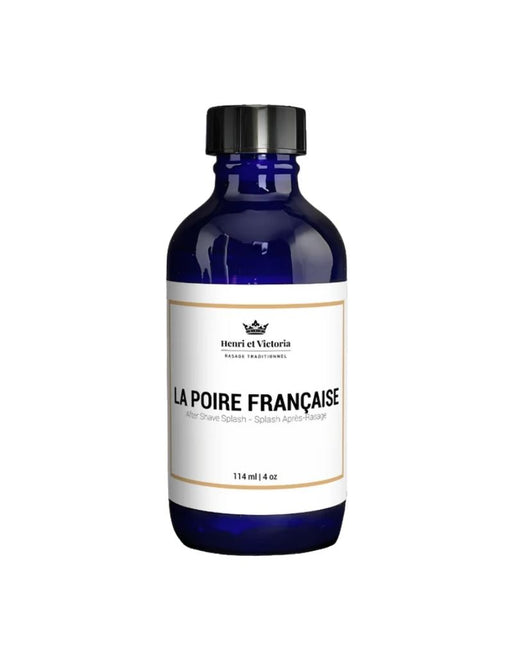 Blue bottle labeled 'La Poire Française' on a white background