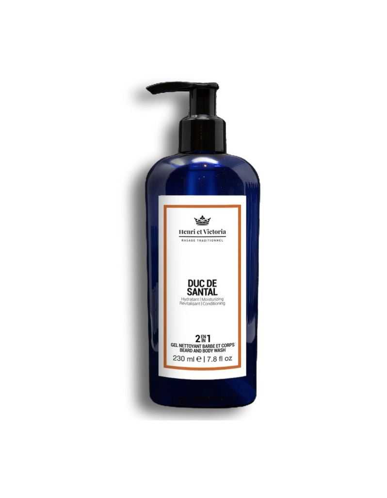 A blue pump bottle of Henri Et Victoria Duc de Santal Body and Beard Wash with white and orange label.