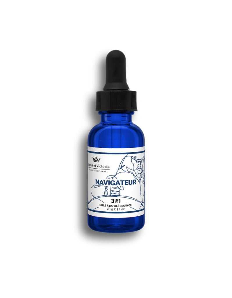A blue bottle with a dropper containing beard oil, labeled ' Navigateur '.