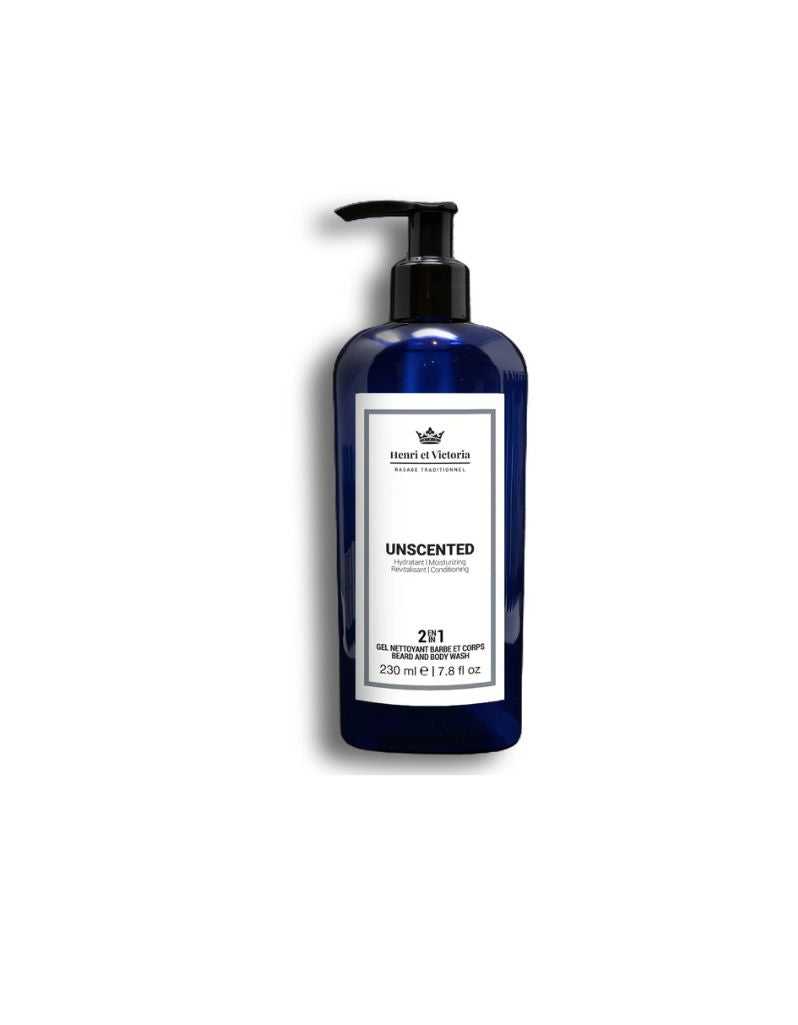 A blue pump bottle labeled 'Henri Et Victoria - Unscented Body and Beard Wash'.