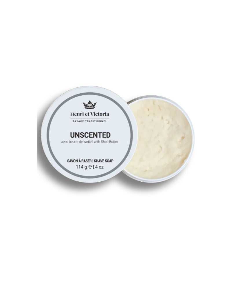 A traditional unscented shaving soap by Henri et Victoria, presented in an open metal tin with the soap visible inside.