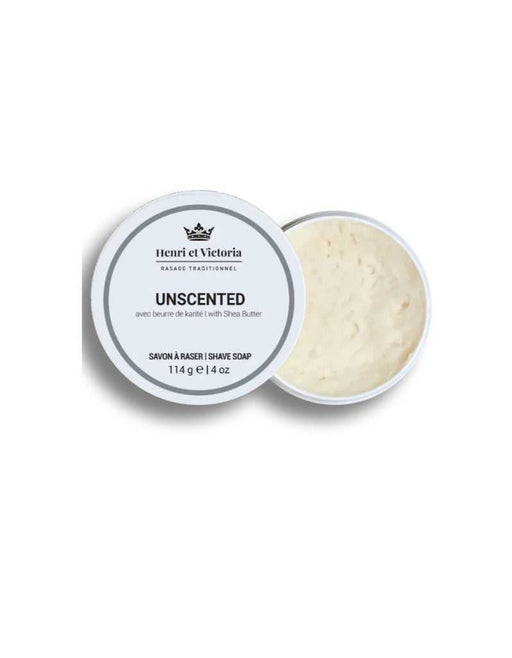 A traditional unscented shaving soap by Henri et Victoria, presented in an open metal tin with the soap visible inside.