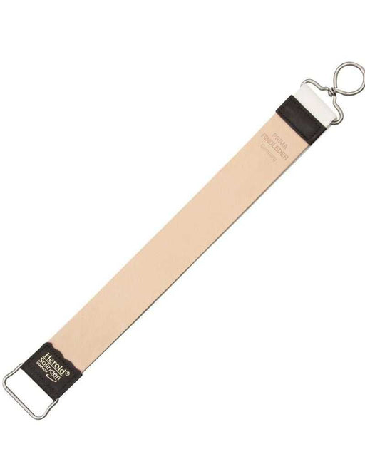 A leather razor strop with a brown handle and a metallic clasp, primarily beige in color with black detailing.