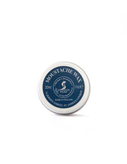 Moustache wax container with blue label on a white background