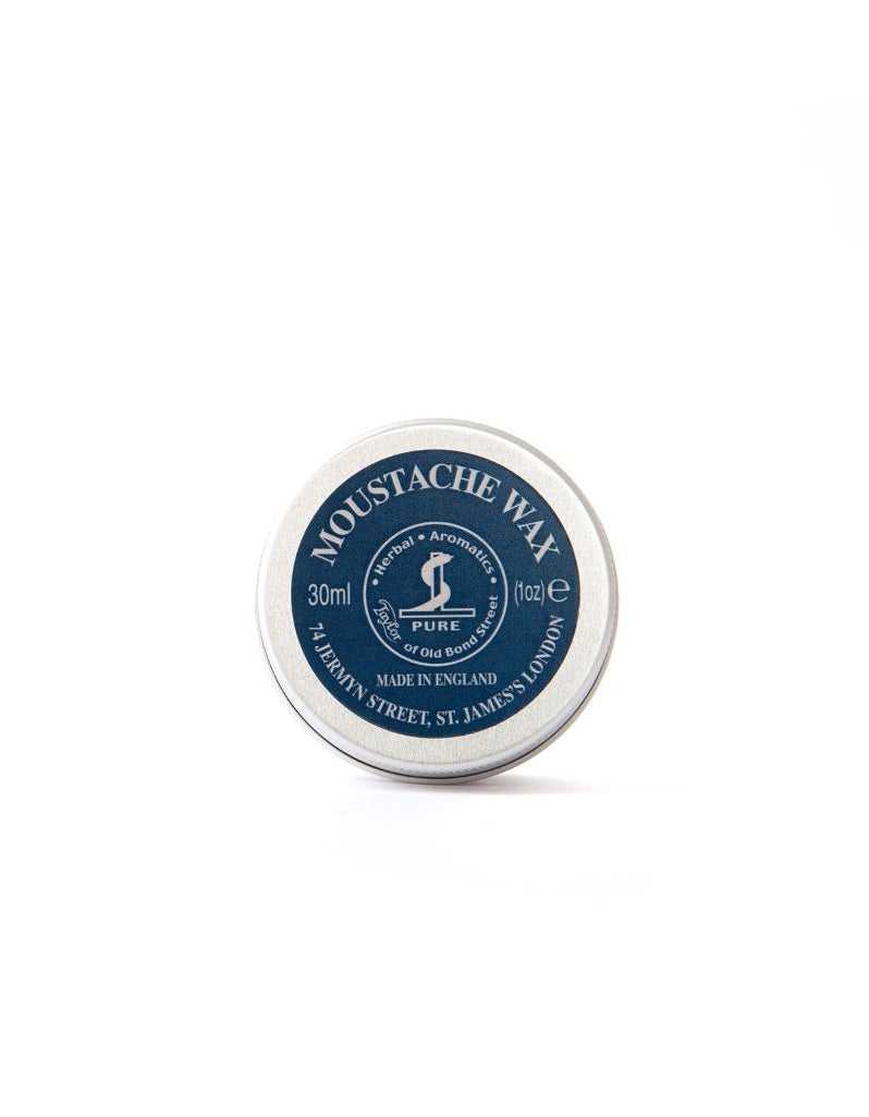 Moustache wax container with blue label on a white background