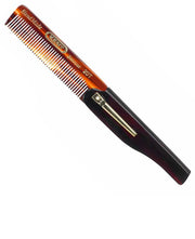A folding pocket comb with a clip, featuring a two-tone design with a dark root color transitioning to a lighter tip, and rounded teeth.